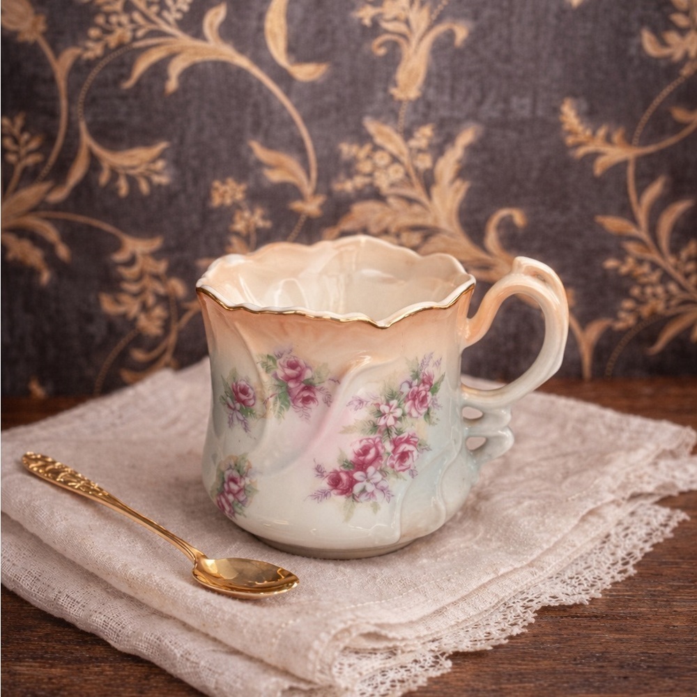 Antique Brandenburg Porcelain Mustache Shaving Mug Roses Gold Trim